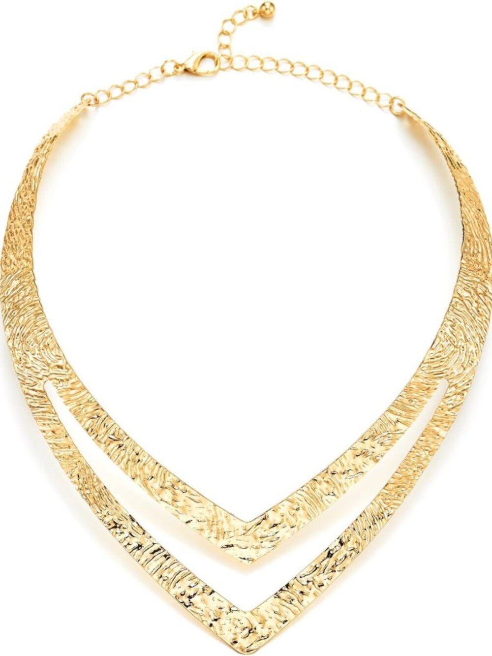 Dramatic Gold-Toned Hammered V-Collar Necklace, Two-Tier Statement Choker, Bold